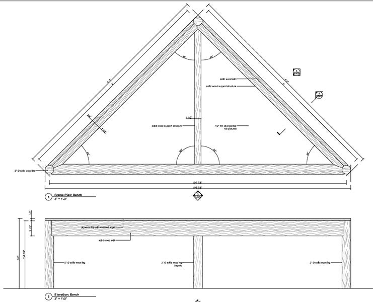 Construction document showing the triangle components used to build the panels and benches