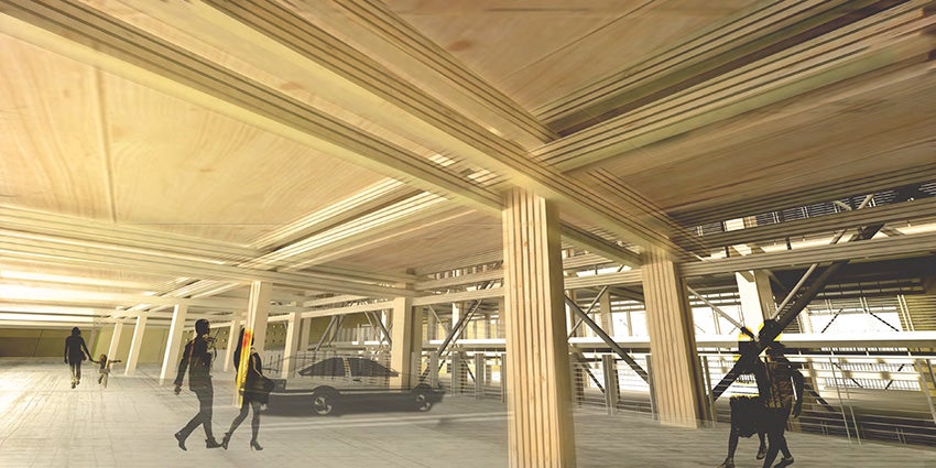 Detail perspective of the use of cross-laminated structural timber