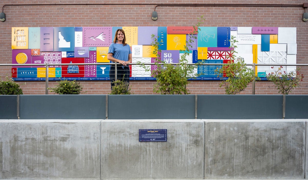 photo of art installation &quot;suffrage quilt&#039; at Boise City Hall