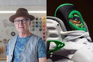 Tinker Hatfield and Black Duck logo on the tongue of a Jordan sneaker