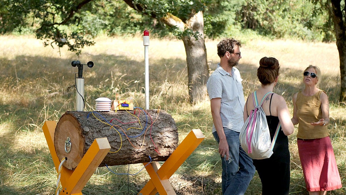 Photo of three people in a forest next to a log art installation