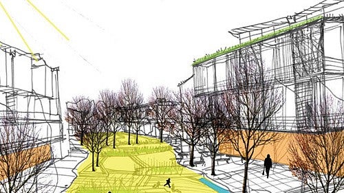 skets of two buildings with greenbelt and trees