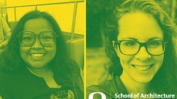 Photographs of two SAE students. Shows two women looking into the camera, smiling, with long hair and glasses. 