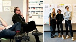 left photo features two men sitting in chairs, right photo features three students standing in front of architectural renderings