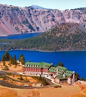 Crater Lake Lodge and Crater Lake from above