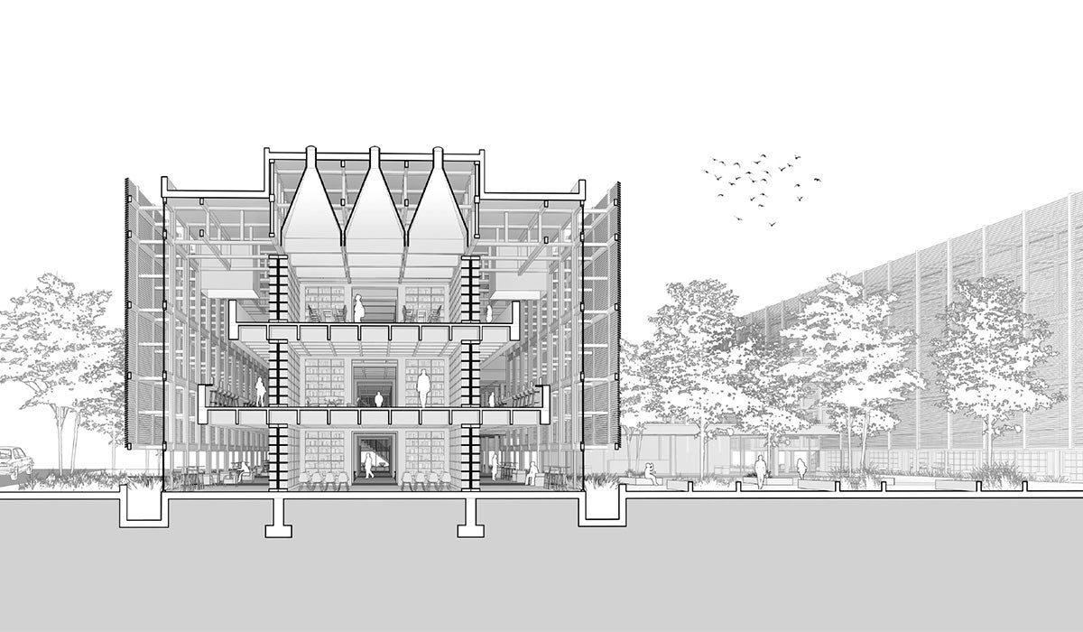 architectural rendering of the exterior of a library