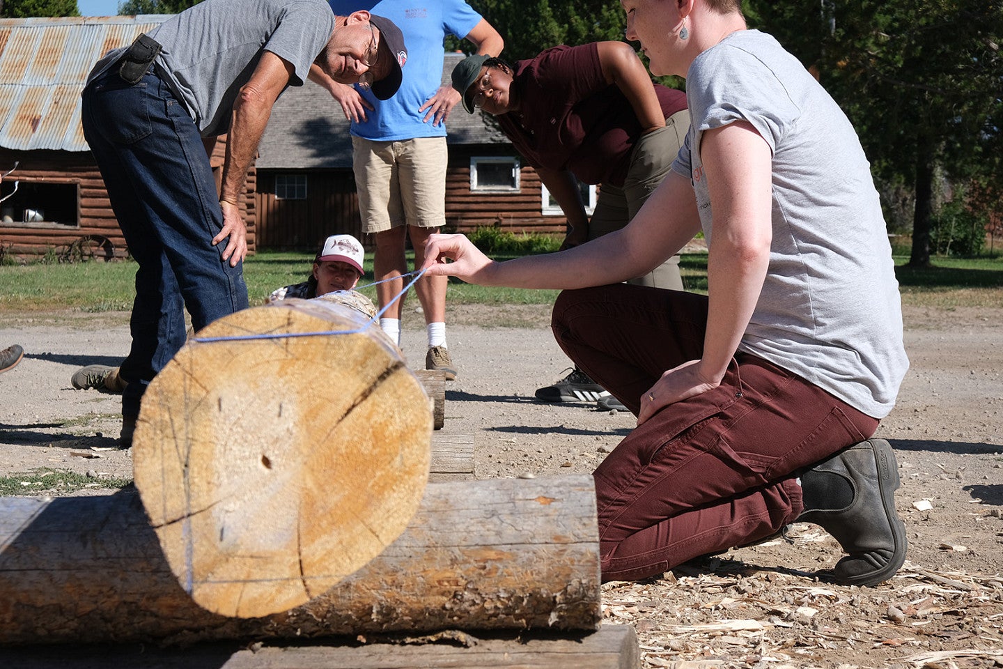 Students working on a log. 