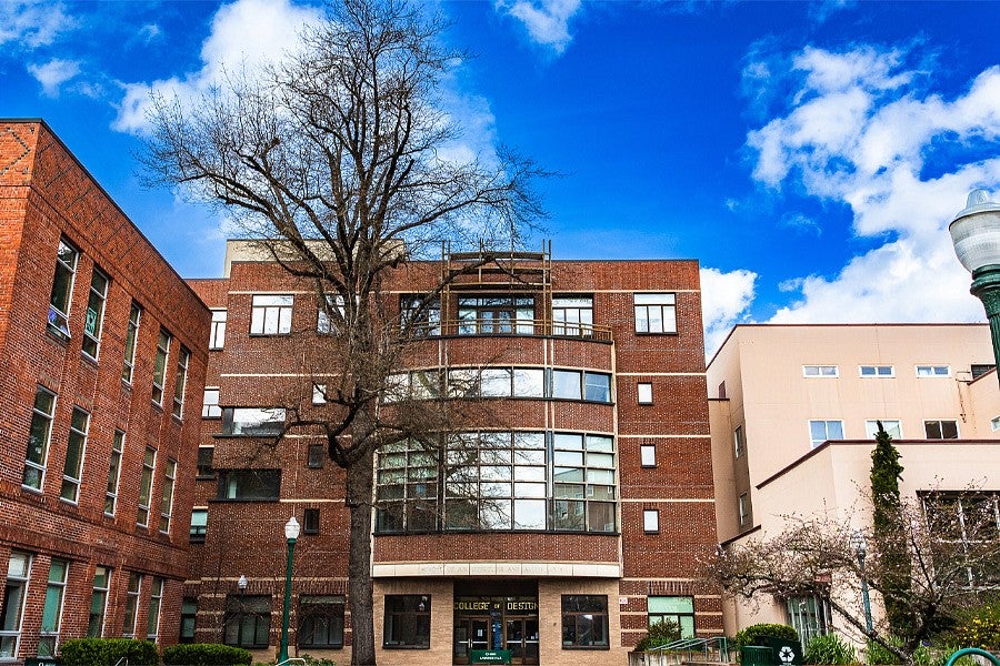 Photograph of the front of Lawrence Hall. 