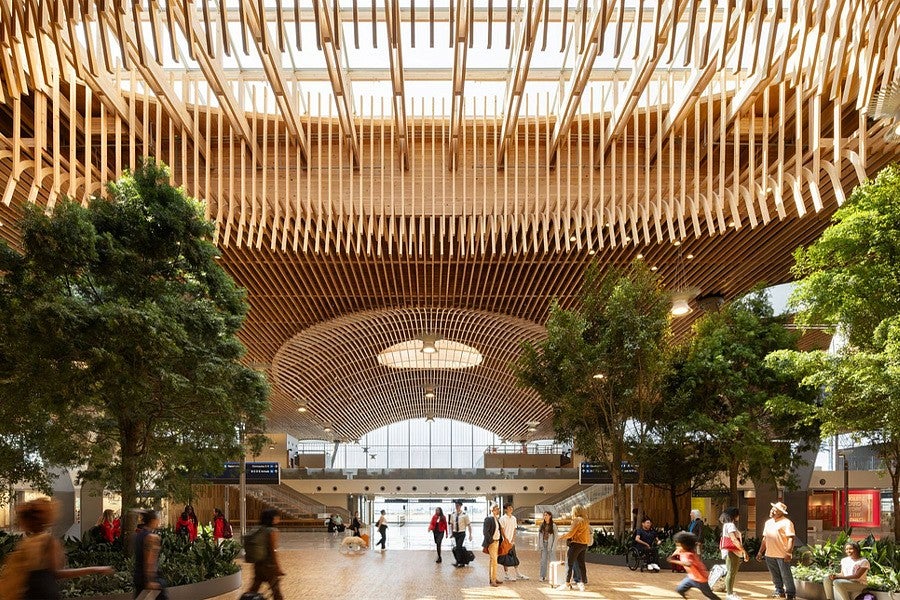 Rendering of interior of main terminal expansion of PDX airport. Shows designed wood structures and trees in a large, open space. 