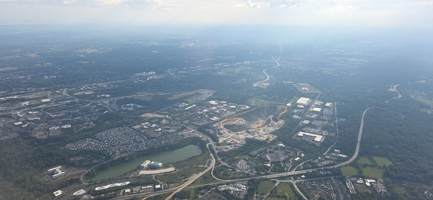 Aerial of a cityscape. 