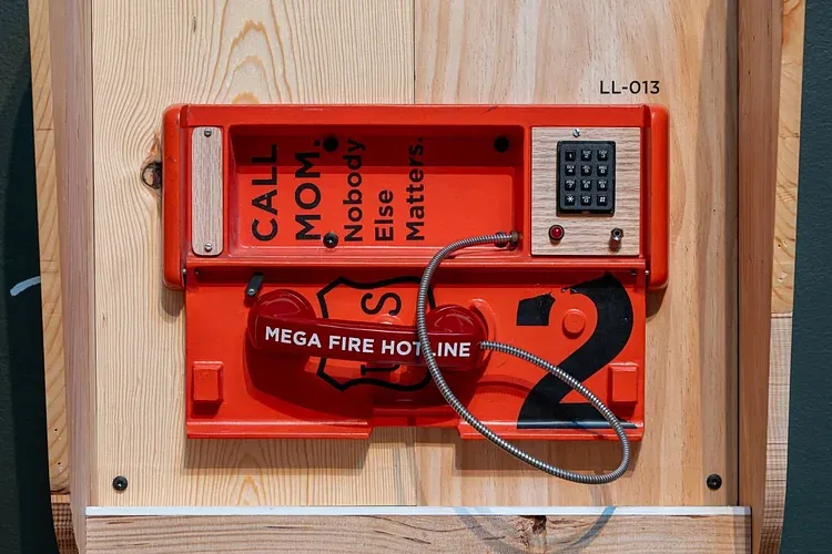 DBB Lookout Landscape exhibition close up. Shows a red phone mounted sideways with the words "Mega Fire Hotline" emblazoned on the receiver. 