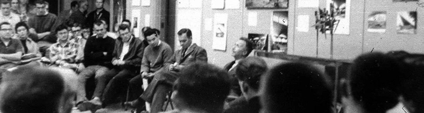 Pietro Belluschi Photograph from 1959. Shows a black and white crowd in lawrence hall. 