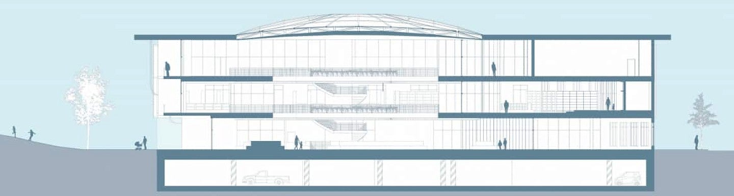 Illustration of a proposed library. Shows a white designed building on a sky blue background. 