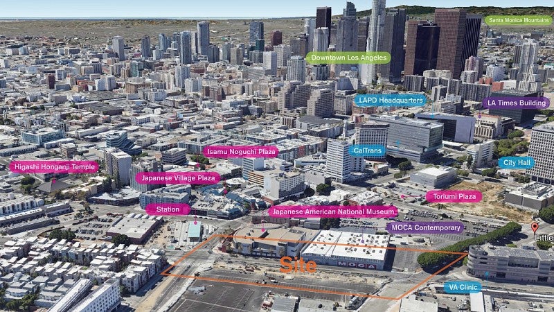 Skyline view of the Little Tokyo area for the Seminar class. Showcases buildings and streets with identifiers in a multitude of colors and a thin line around the area the class will evaluate.