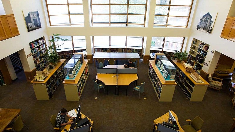 looking down from balcony into Design Library