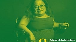 News header image of Olivia Mae Asuncion. Duotone photo of a woman in a mobility chair with glasses, long hair, and a smile. Green and yellow colors.