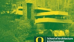 Green and Yellow duotone photo of the iconic Fallingwater home. 