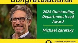 Designed graphic that congratulates Michael Zaretsky for winning the 2025 Outstanding Department Head award from the Provost. Shows a smiling man surrounded by green and yellow blocks with text throughout. 