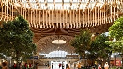 Rendering of interior of main terminal expansion of PDX airport. Shows designed wood structures and trees in a large, open space. 