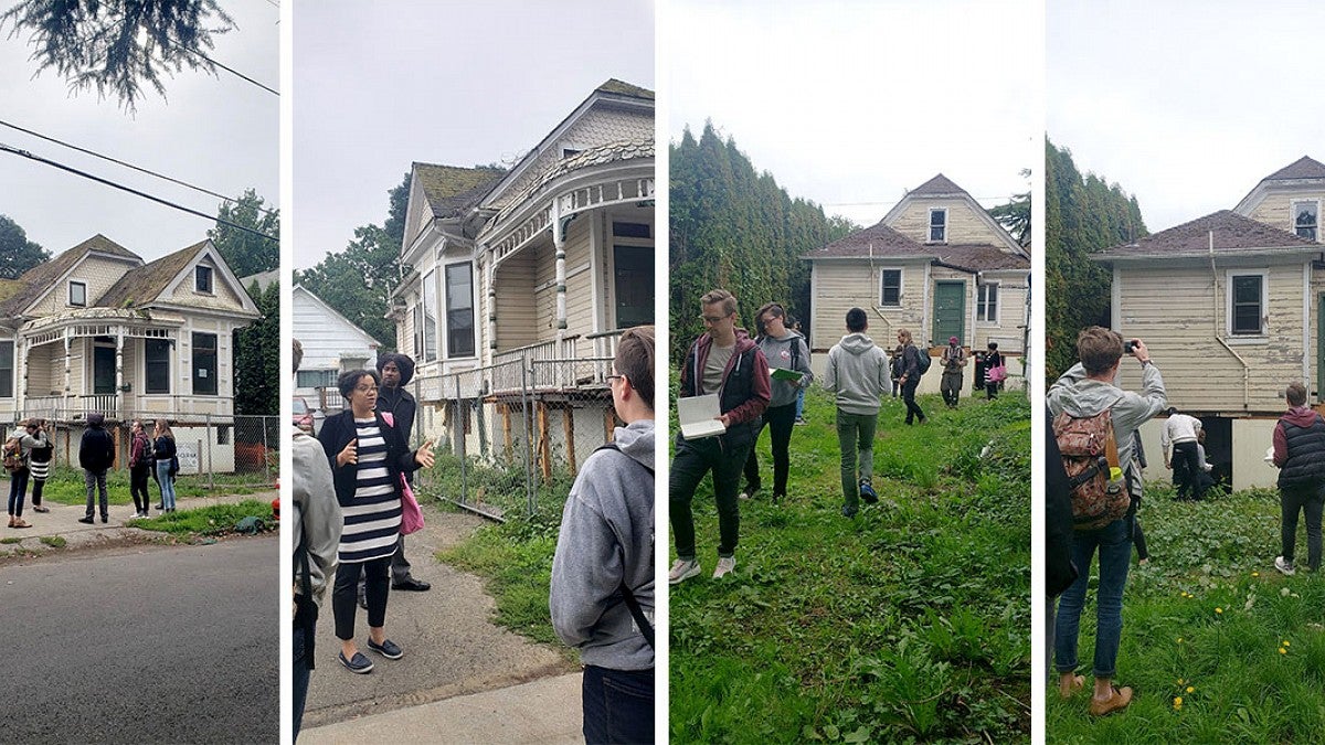 Photos of students and faculty outside the Mayo House in Portland