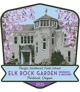 Stylized sticker design showing a crop of Elk Rock Garden's house framed by an ambiguous flowering tree with pink and purple flowers. Name of the location, year, and the Pacific Northwest Field School name is below the design.